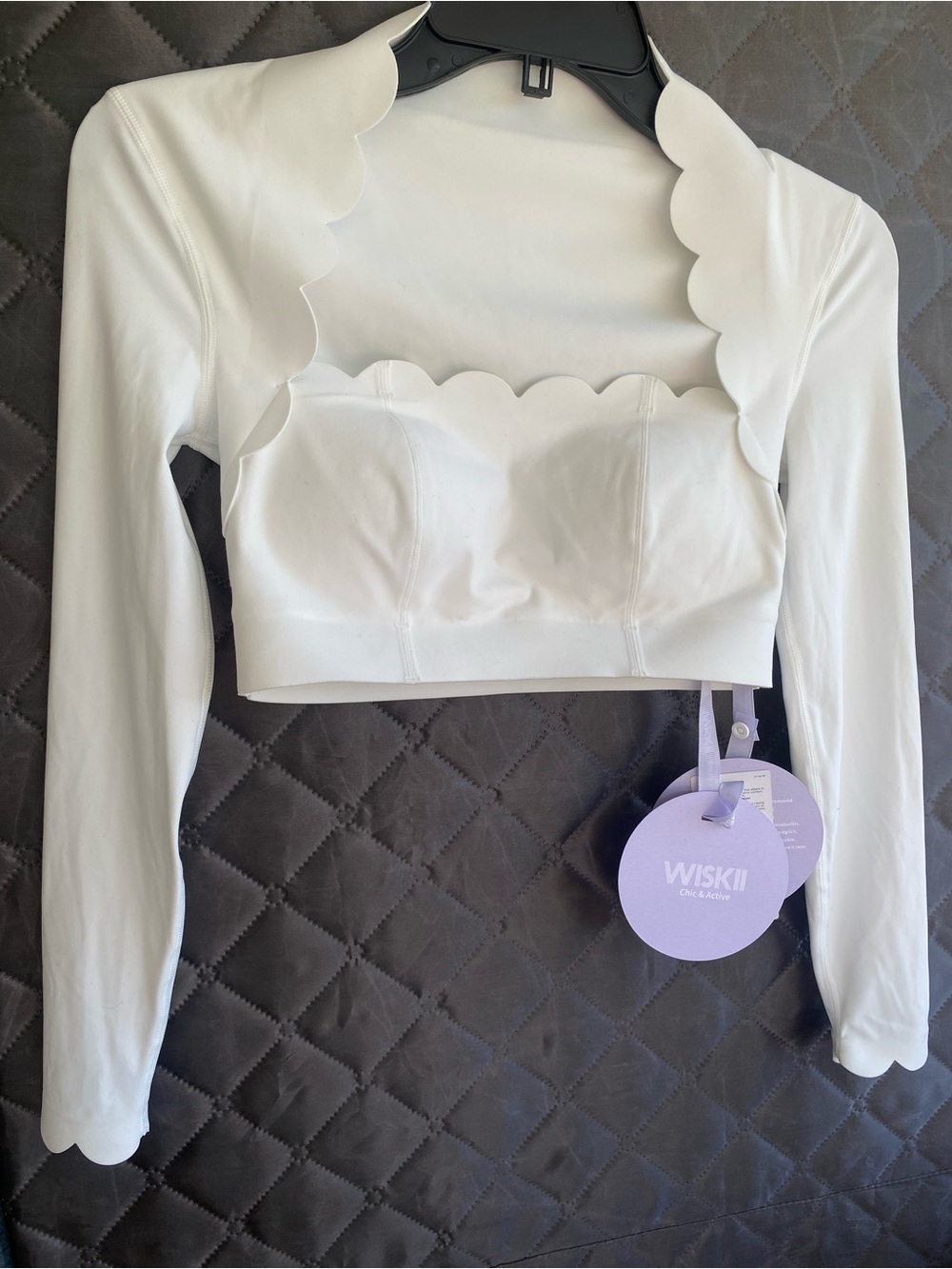Wiskii White Scallop-Trim Long Sleeve Crop Top